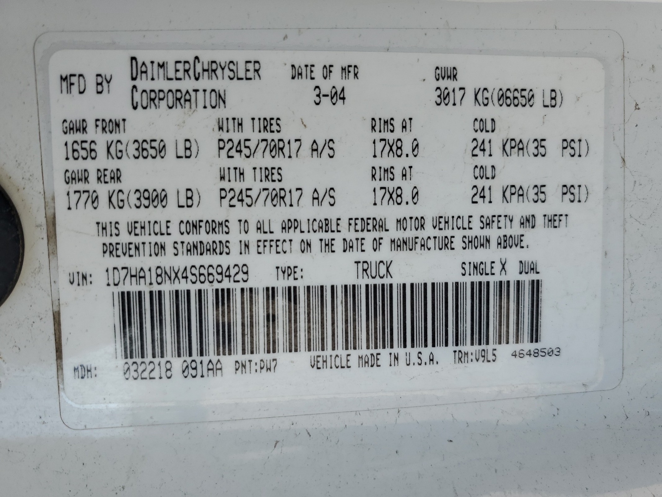 1D7HA18NX4S669429 2004 Dodge Ram 1500 St