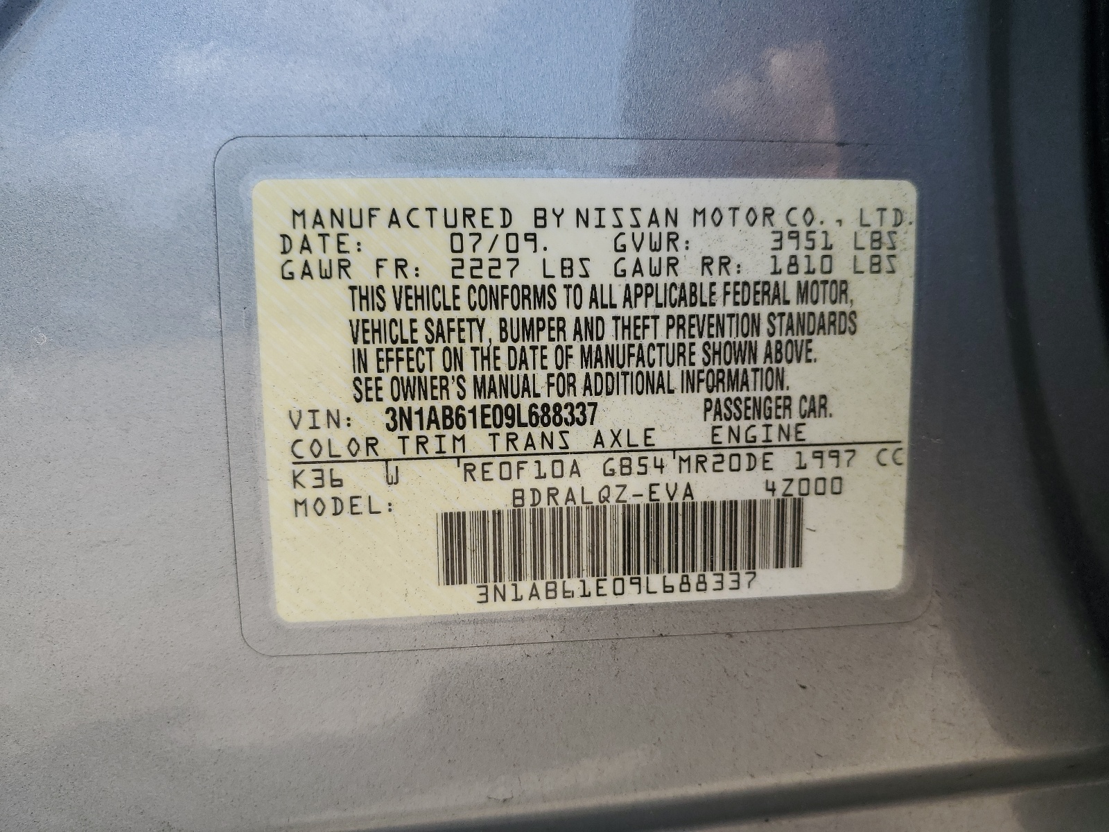3N1AB61E09L688337 2009 Nissan Sentra 2.0