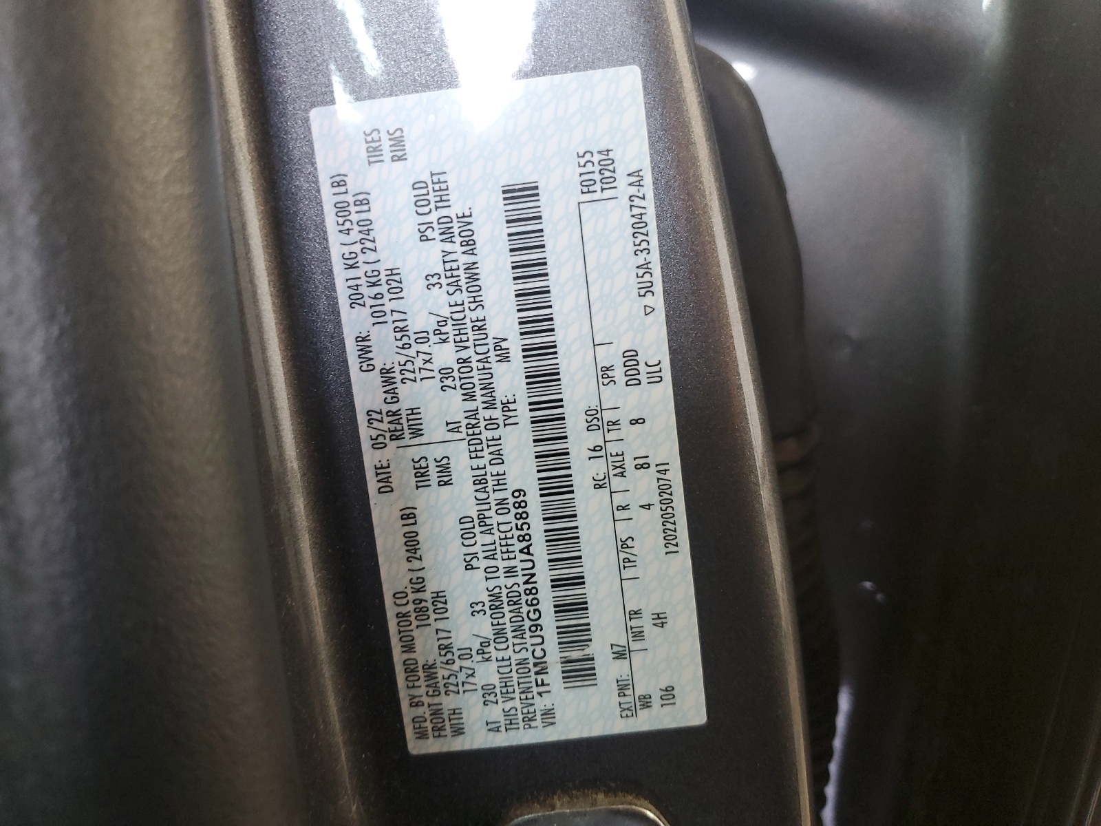 1FMCU9G68NUA85889 2022 Ford Escape Se