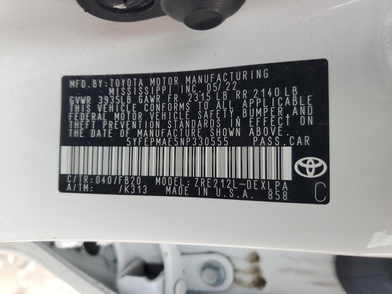 5YFEPMAE5NP330555 2022 TOYOTA COROLLA - Image 12