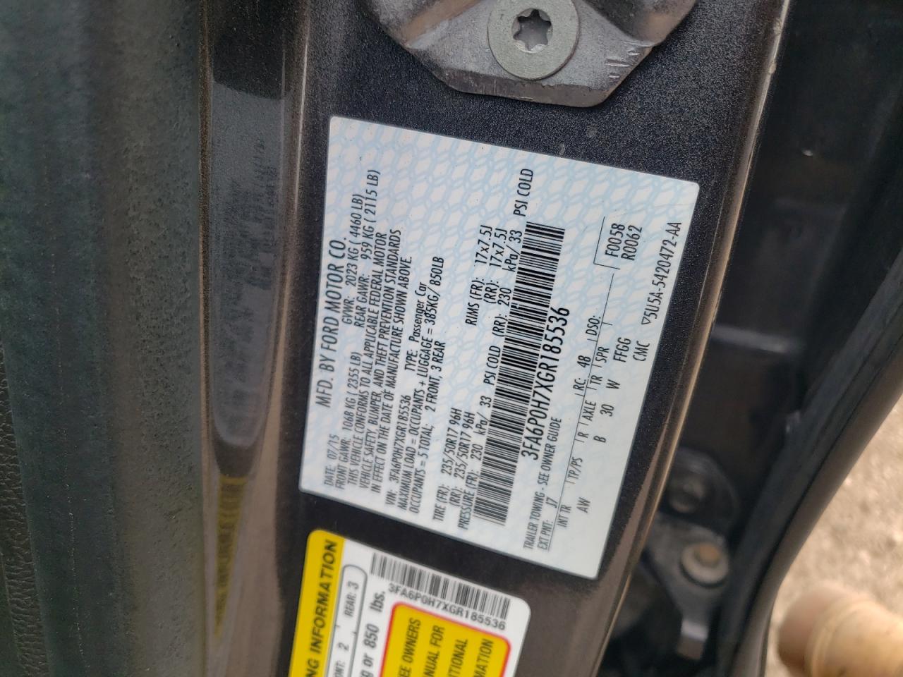 2016 Ford Fusion Se VIN: 3FA6P0H7XGR185536 Lot: 60223694