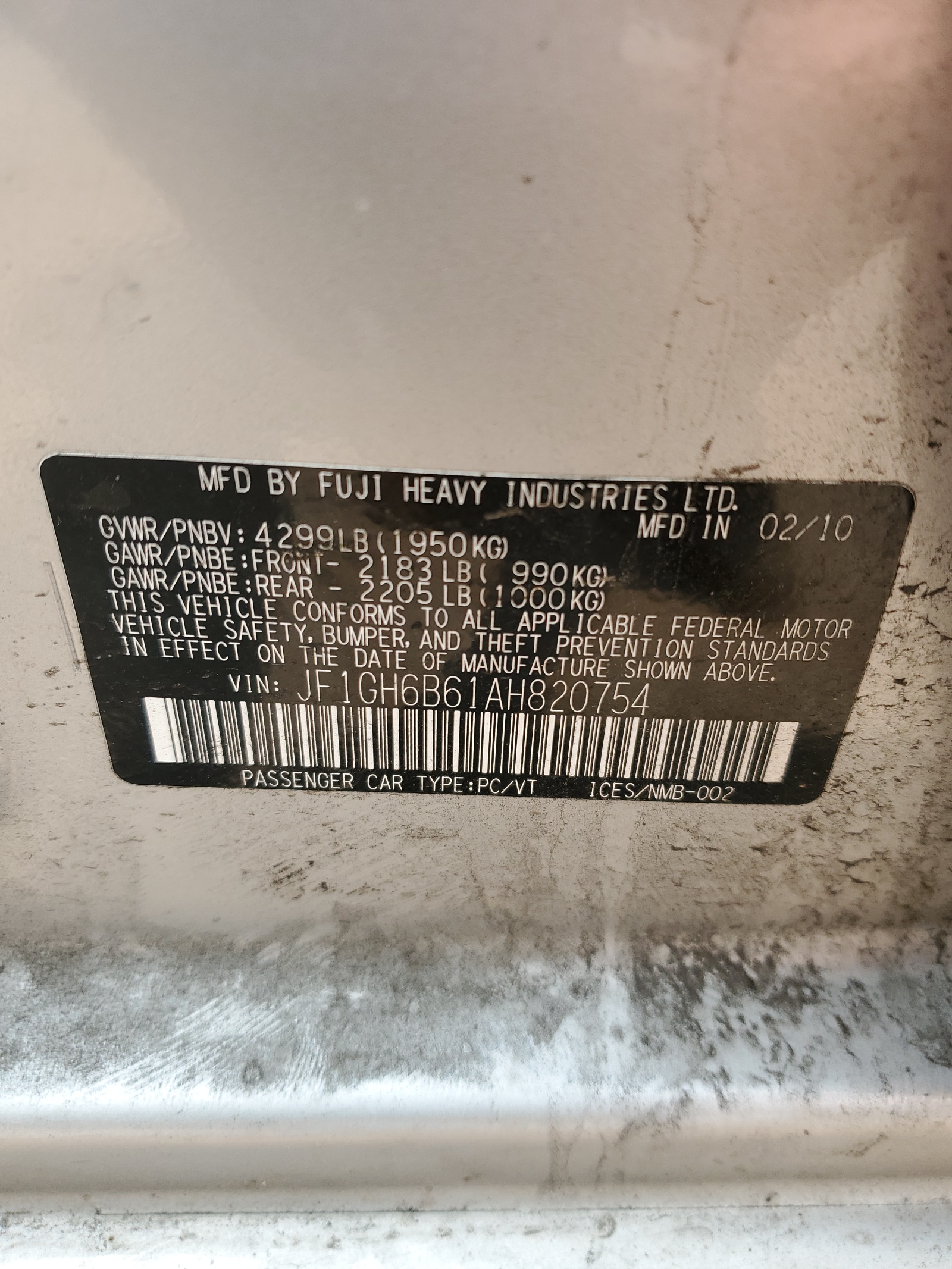 JF1GH6B61AH820754 2010 Subaru Impreza 2.5I Premium