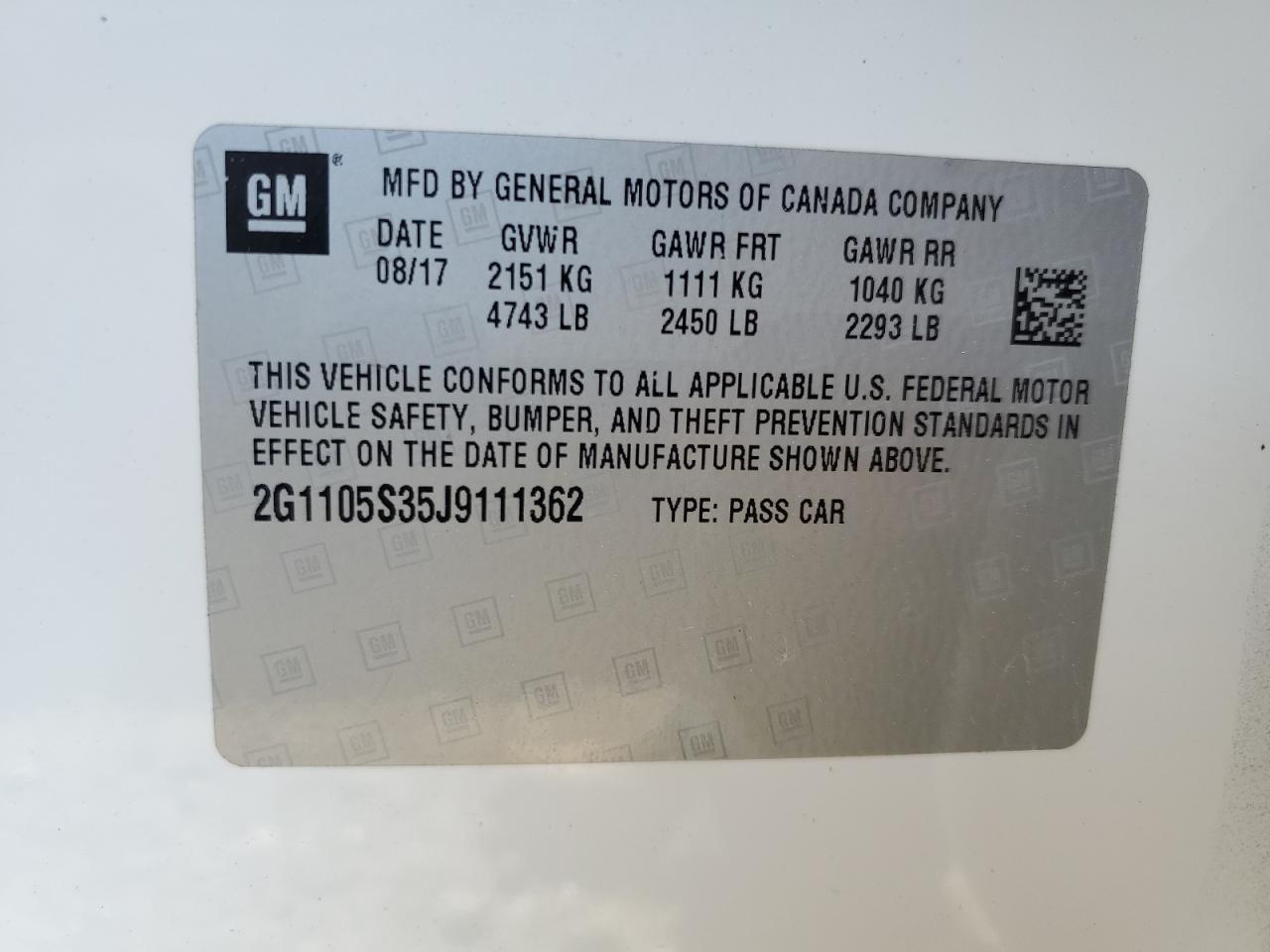 2G1105S35J9111362 2018 Chevrolet Impala Lt