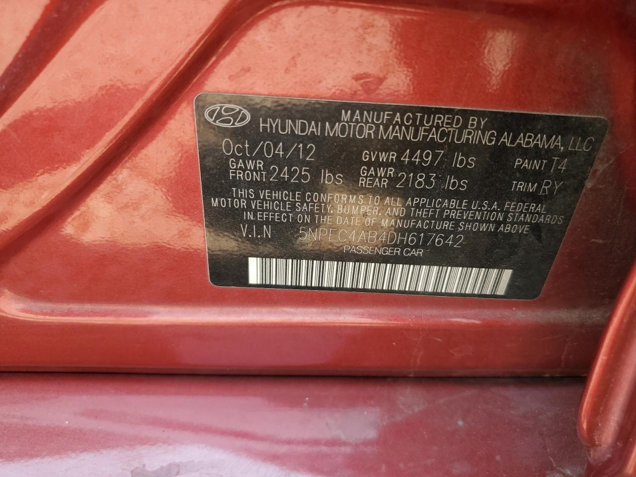 2013 Hyundai Sonata Se VIN: 5NPEC4AB4DH617642 Lot: 60475544