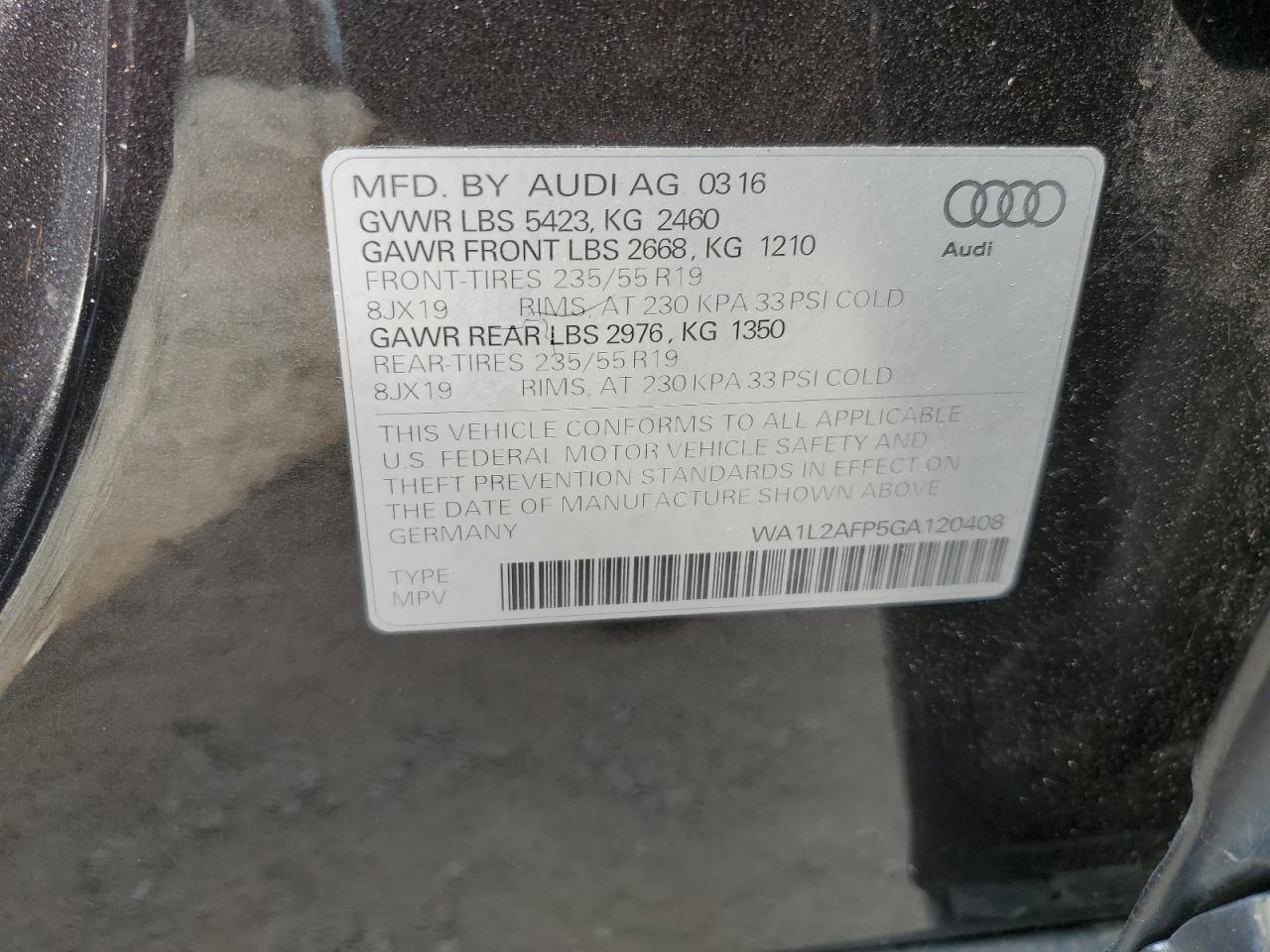 2016 Audi Q5 Premium Plus VIN: WA1L2AFP5GA120408 Lot: 64710614