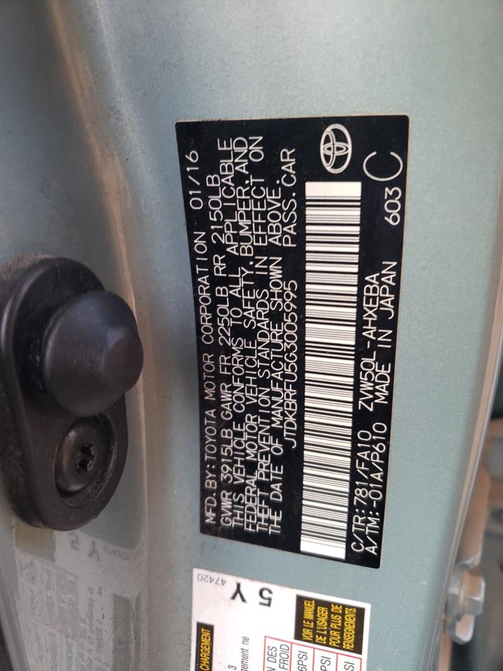 2016 Toyota Prius VIN: JTDKBRFU5G3005995 Lot: 64655294