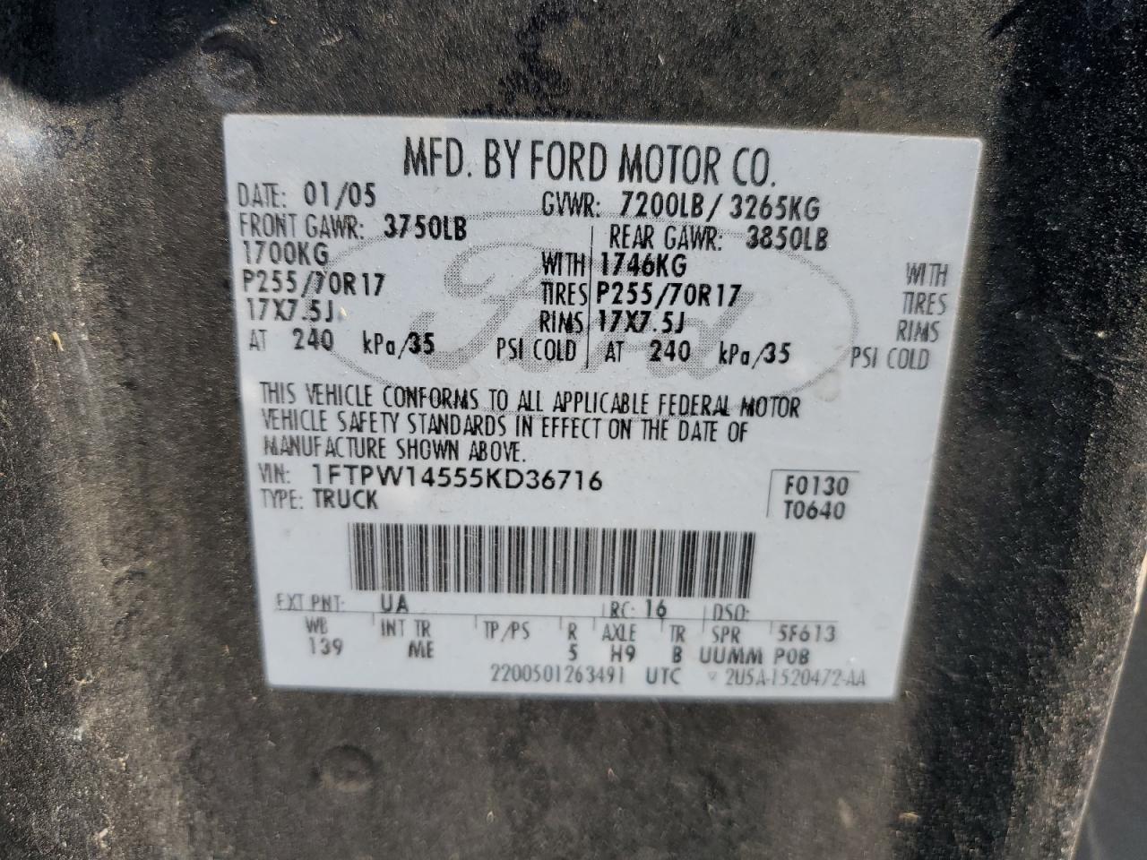 2005 Ford F150 Supercrew VIN: 1FTPW14555KD36716 Lot: 64565414