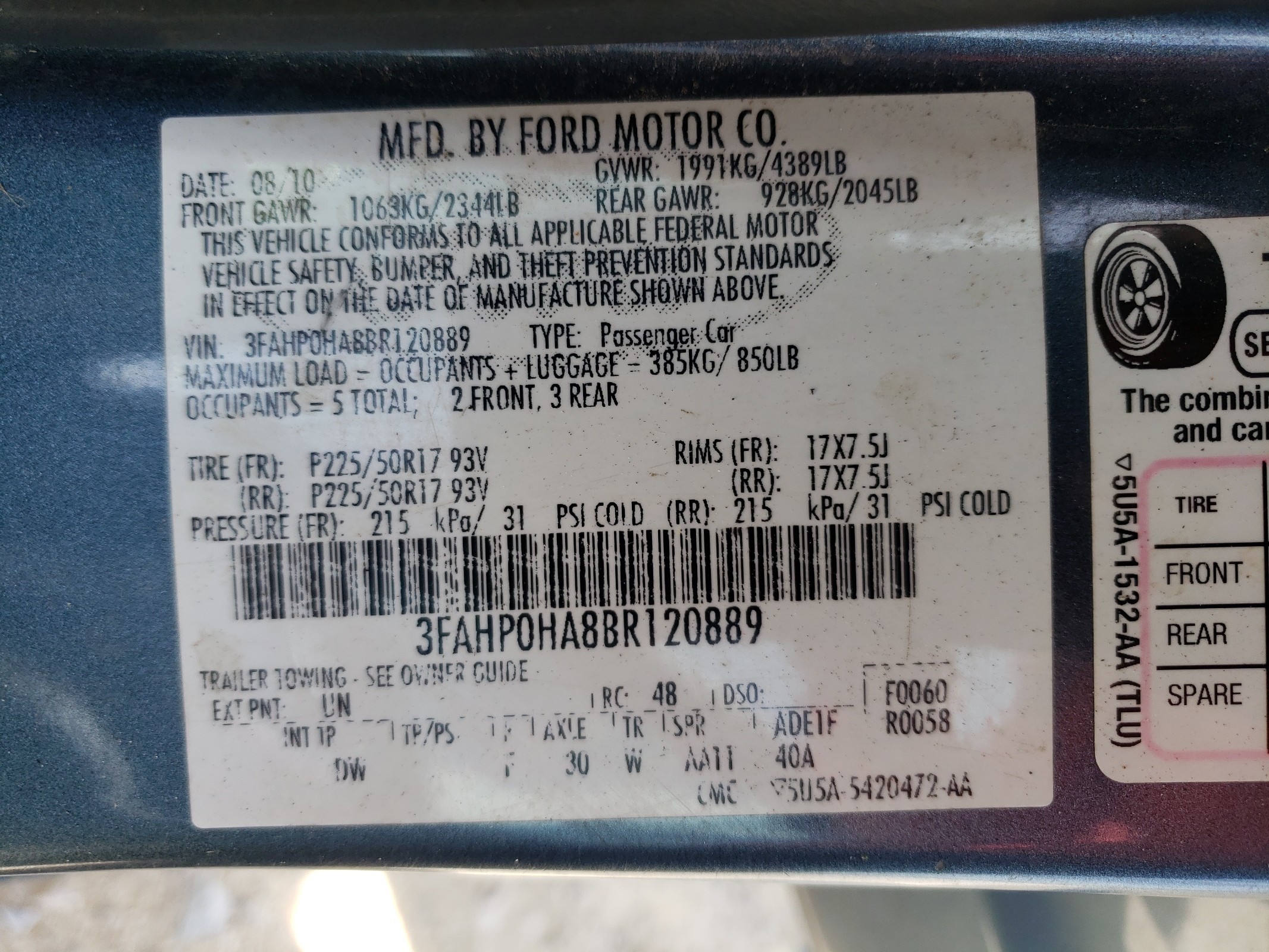 3FAHP0HA8BR120889 2011 Ford Fusion Se