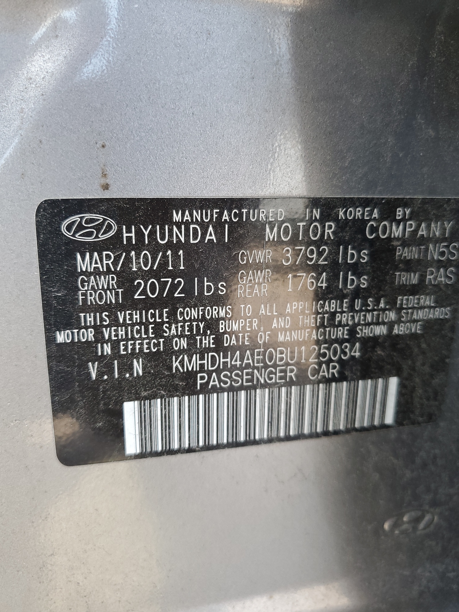 KMHDH4AE0BU125034 2011 Hyundai Elantra Gls