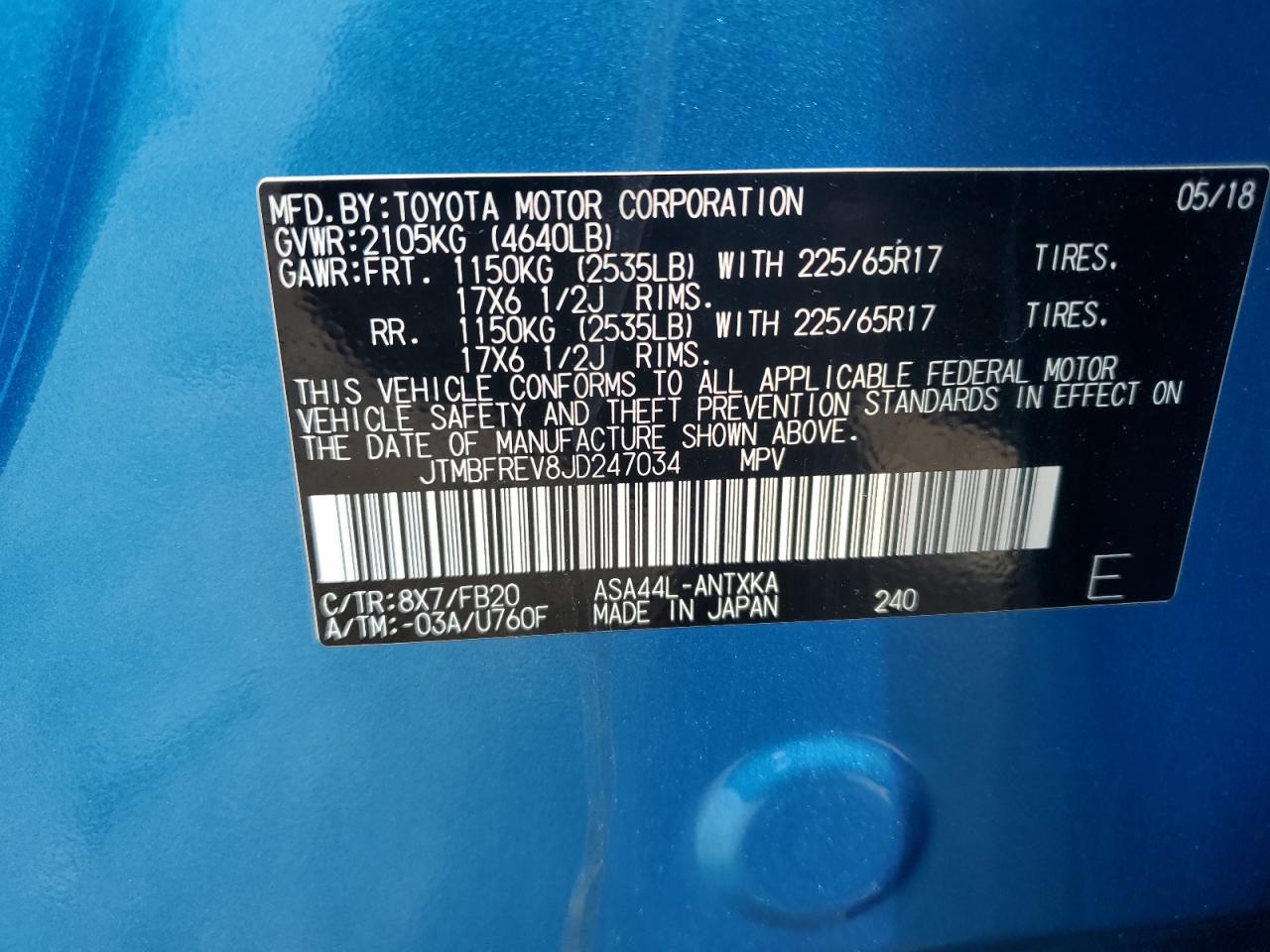 2018 Toyota Rav4 Le VIN: JTMBFREV8JD247034 Lot: 63970874