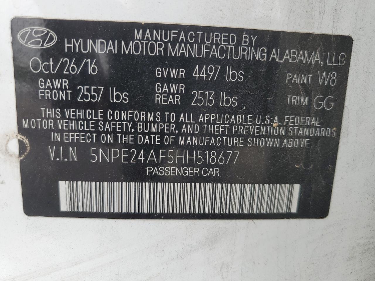 2017 Hyundai Sonata Se VIN: 5NPE24AF5HH518677 Lot: 64664534