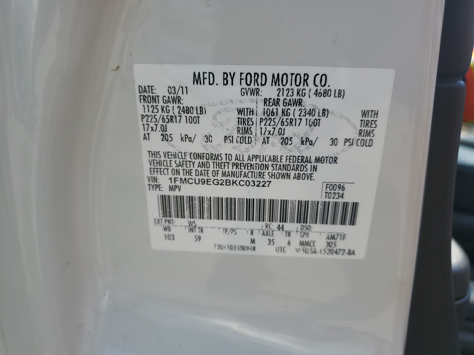 1FMCU9EG2BKC03227 2011 Ford Escape Limited
