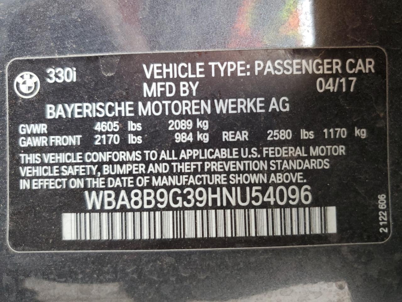 2017 BMW 330 I VIN: WBA8B9G39HNU54096 Lot: 63693184