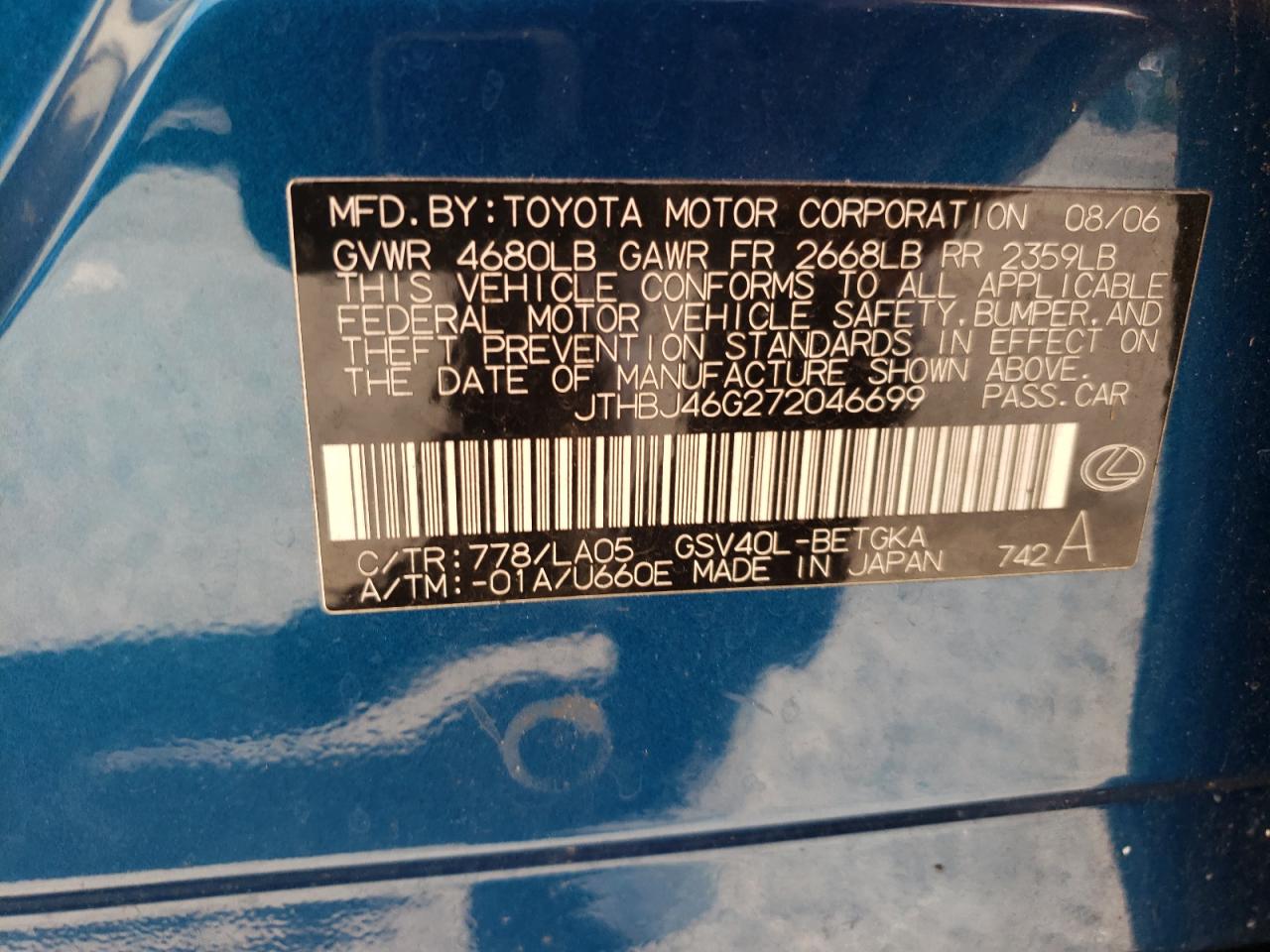 2007 Lexus Es 350 VIN: JTHBJ46G272046699 Lot: 65036064