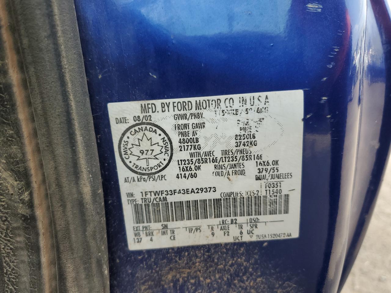 2003 Ford F350 Super Duty VIN: 1FTWF33F43EA29373 Lot: 63811274