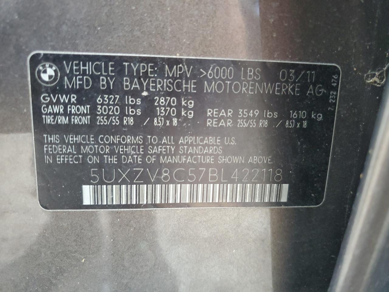 2011 BMW X5 xDrive50I VIN: 5UXZV8C57BL422118 Lot: 64900604