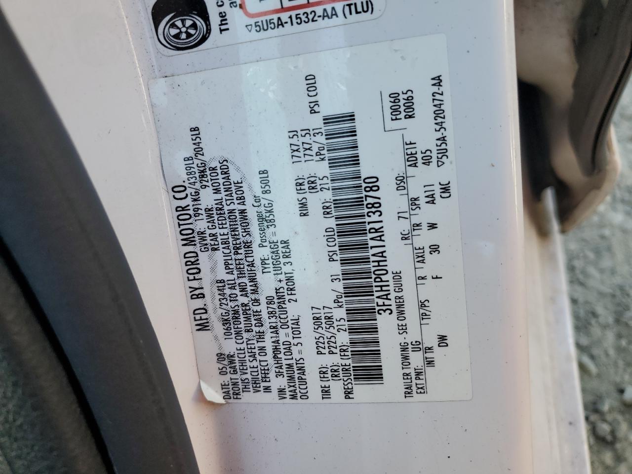 2010 Ford Fusion Se VIN: 3FAHP0HA1AR138780 Lot: 65440384