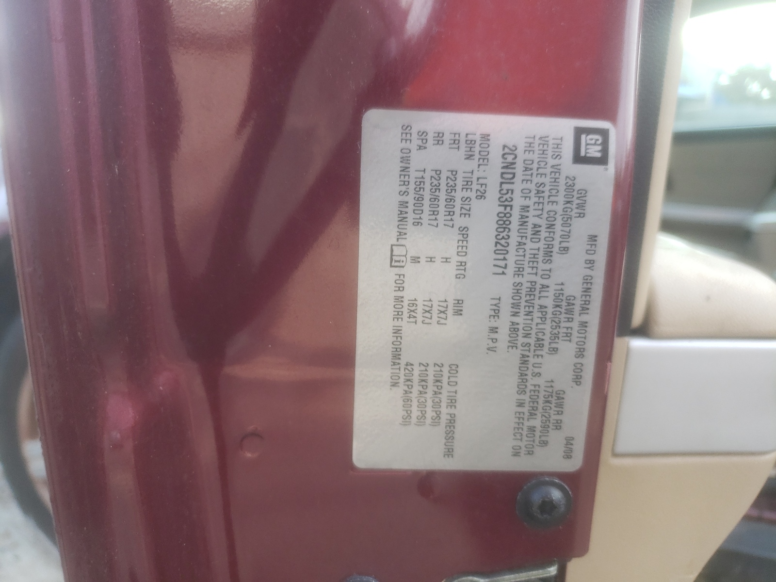 2CNDL53F886320171 2008 Chevrolet Equinox Lt