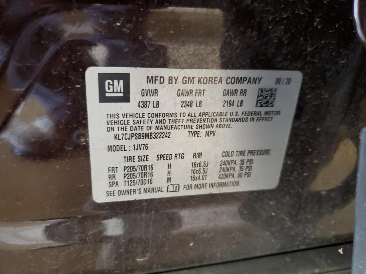 2021 Chevrolet Trax 1Lt VIN: KL7CJPSB9MB322242 Lot: 63513304