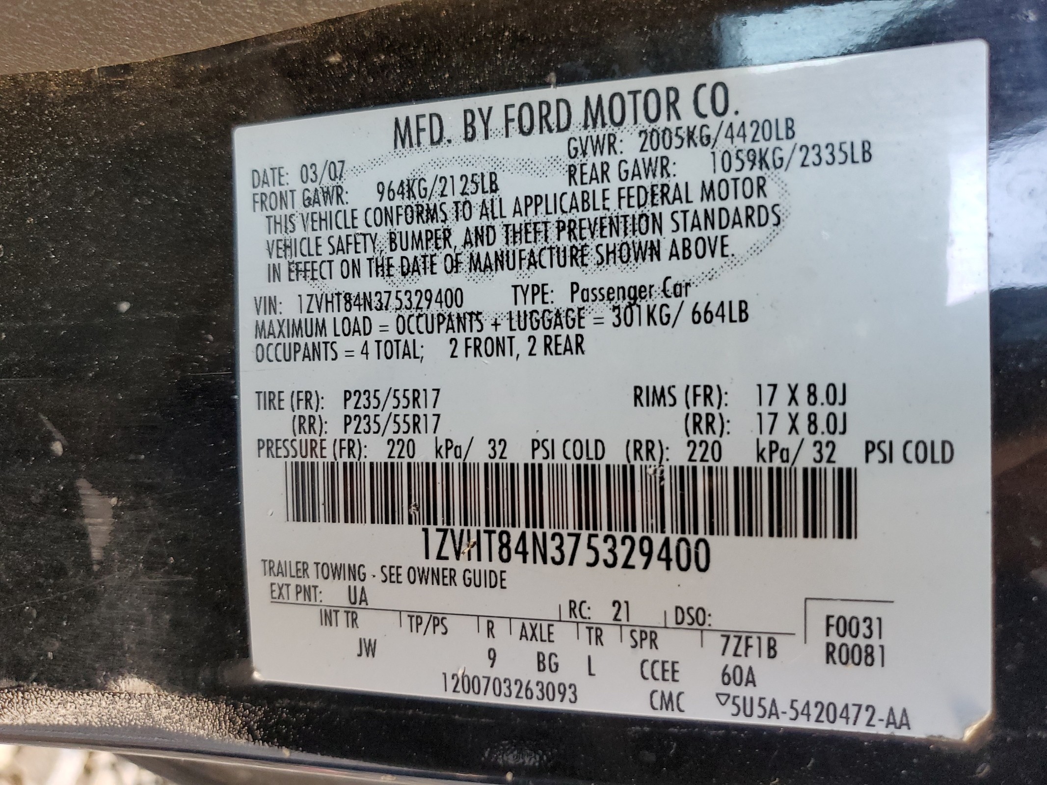 1ZVHT84N375329400 2007 Ford Mustang