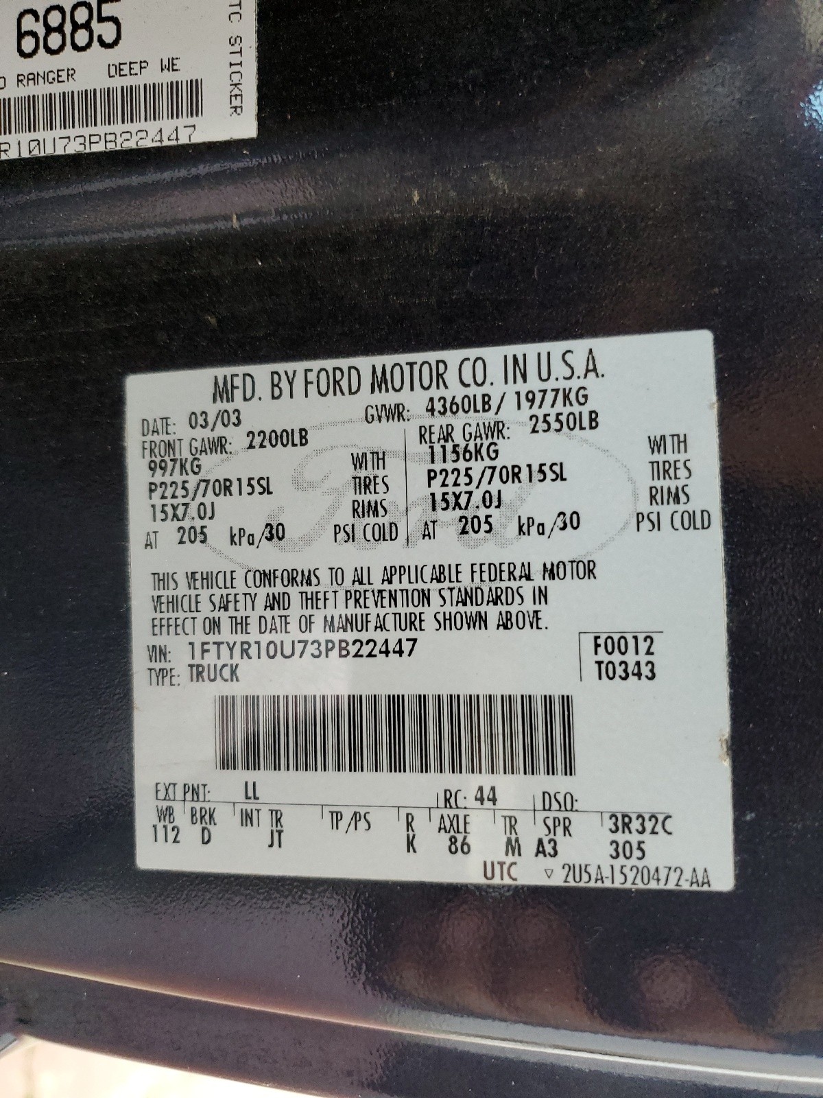 1FTYR10U73PB22447 2003 Ford Ranger