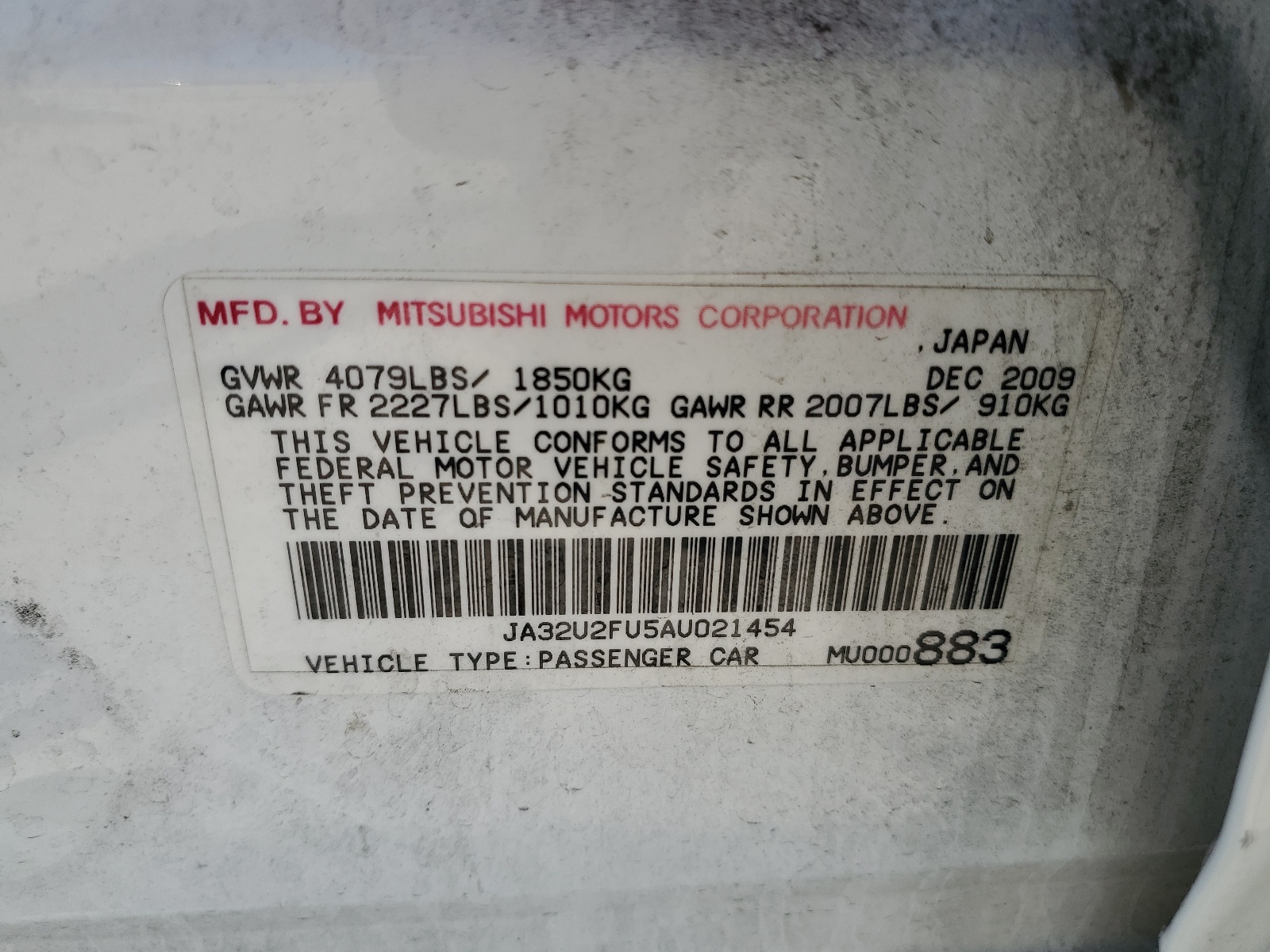 JA32U2FU5AU021454 2010 Mitsubishi Lancer Es/Es Sport