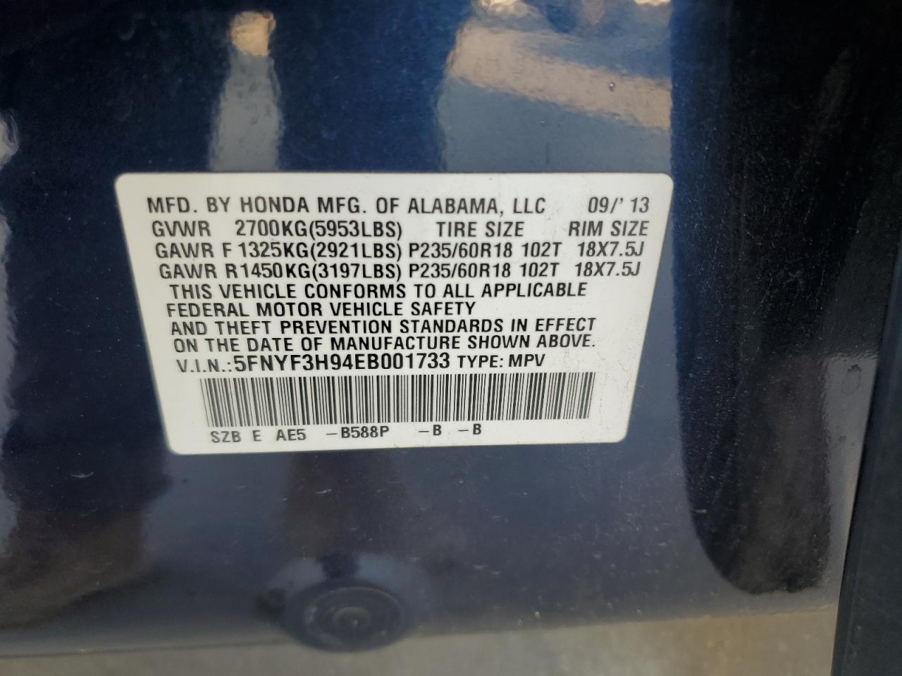 2014 Honda Pilot Touring VIN: 5FNYF3H94EB001733 Lot: 61946304