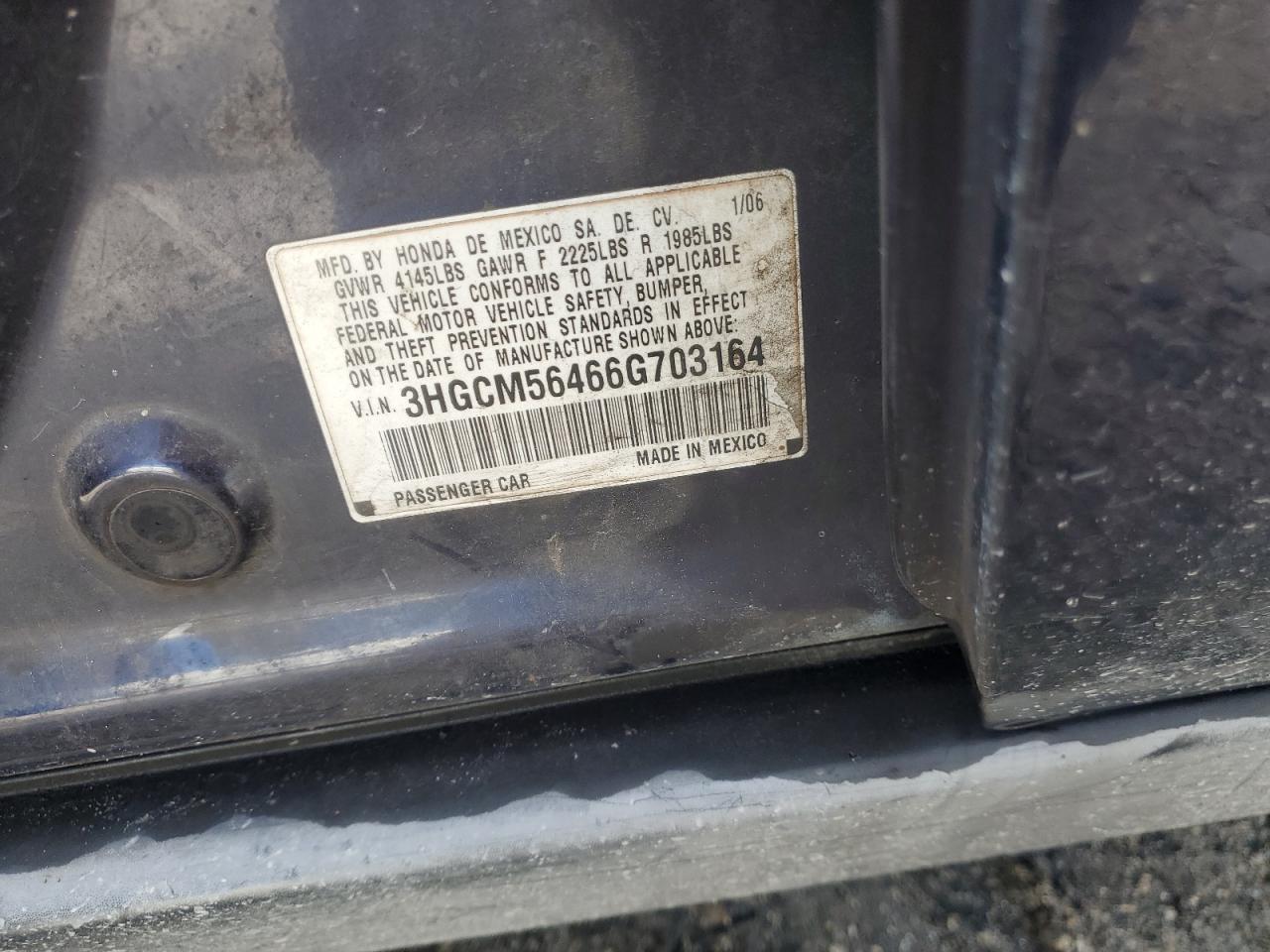 2006 Honda Accord Lx VIN: 3HGCM56466G703164 Lot: 62902244