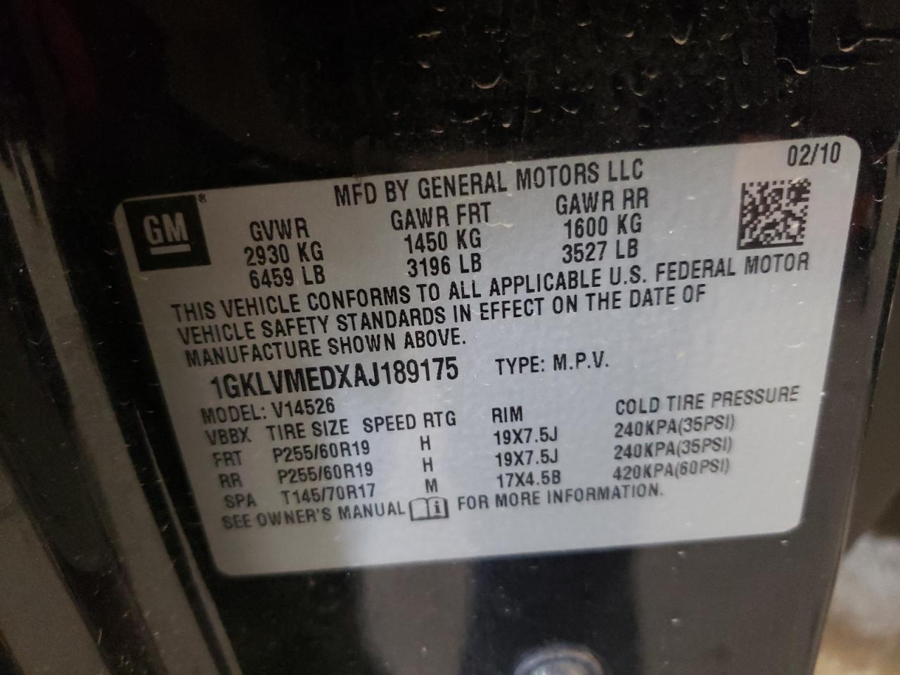 2010 GMC Acadia Slt-1 VIN: 1GKLVMEDXAJ189175 Lot: 63481074