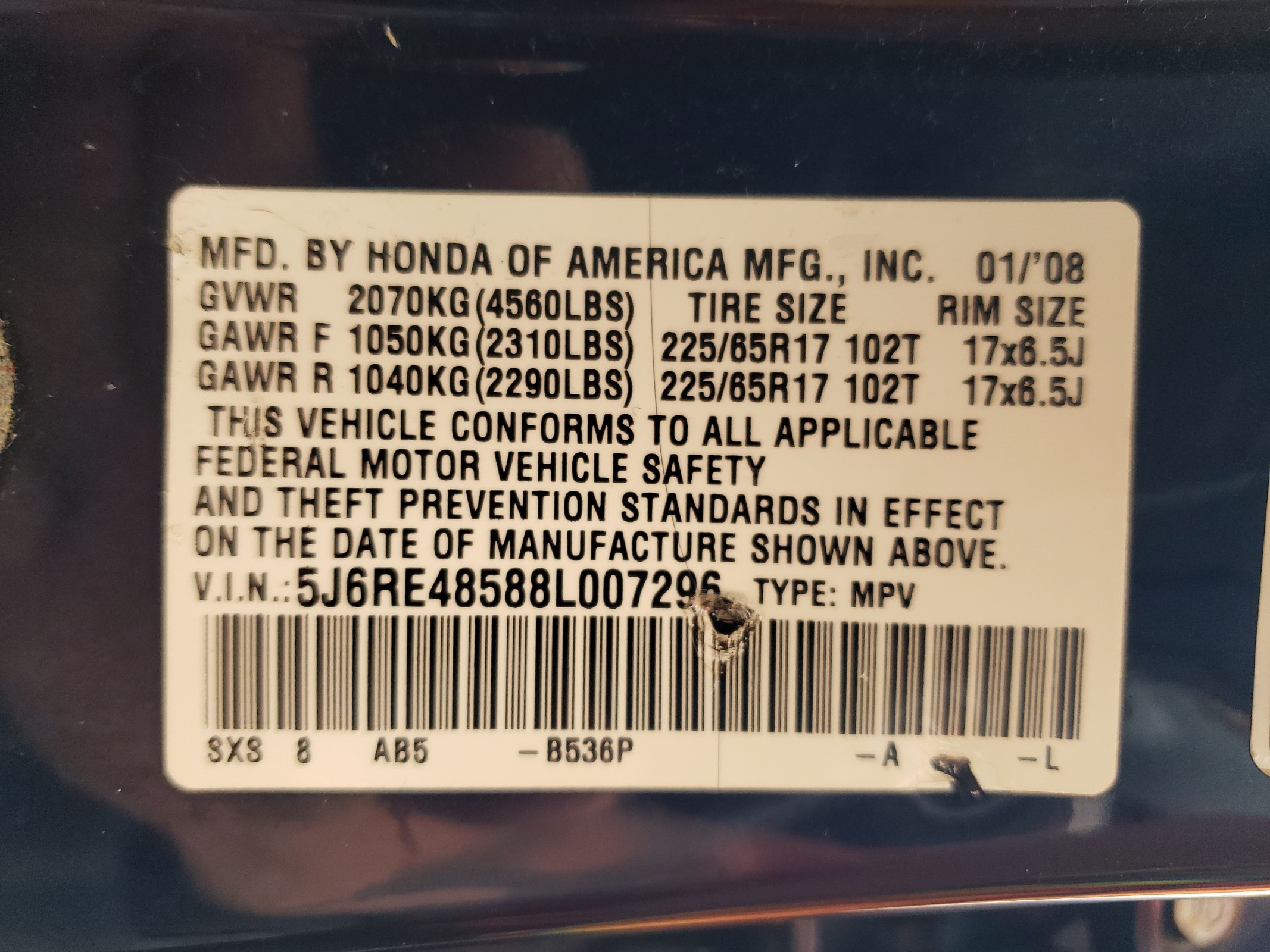 5J6RE48588L007296 2008 Honda Cr-V Ex