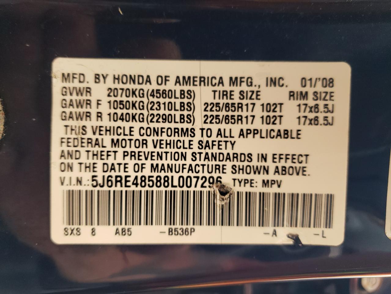 2008 Honda Cr-V Ex VIN: 5J6RE48588L007296 Lot: 65063544