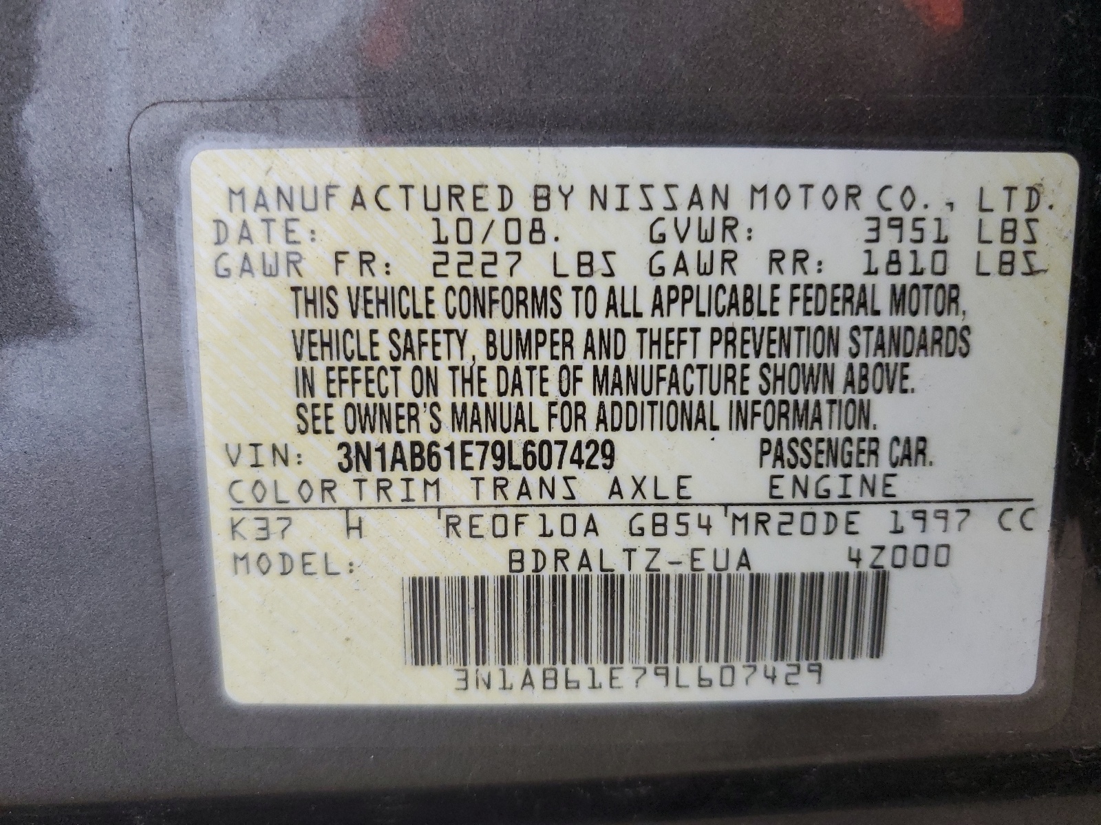 3N1AB61E79L607429 2009 Nissan Sentra 2.0