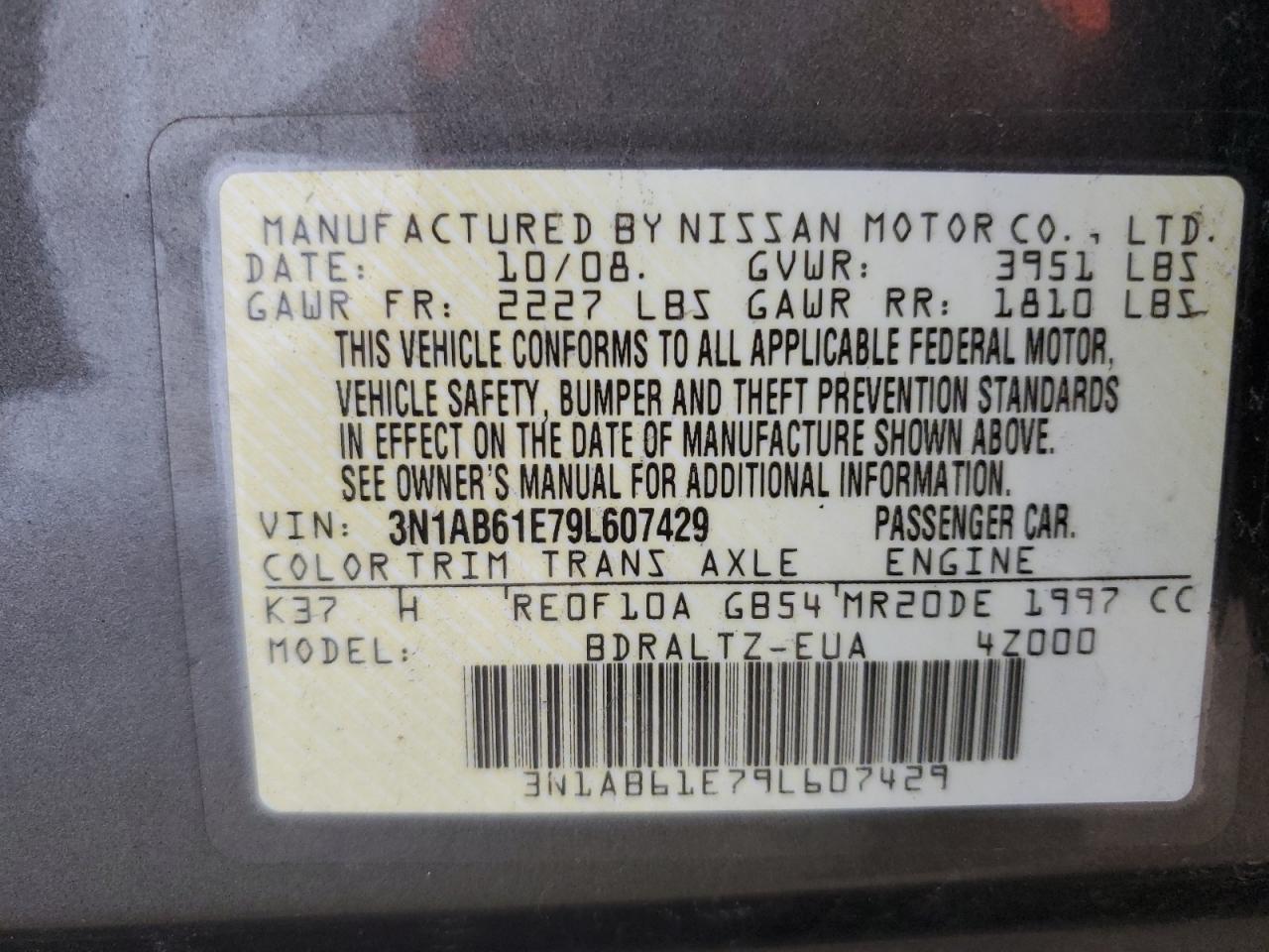 2009 Nissan Sentra 2.0 VIN: 3N1AB61E79L607429 Lot: 63014974