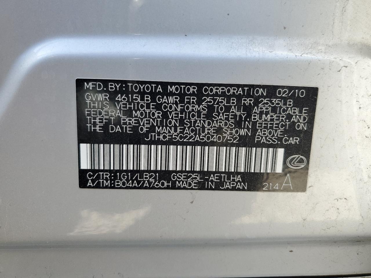 2010 Lexus Is 250 VIN: JTHCF5C22A5040752 Lot: 60706424