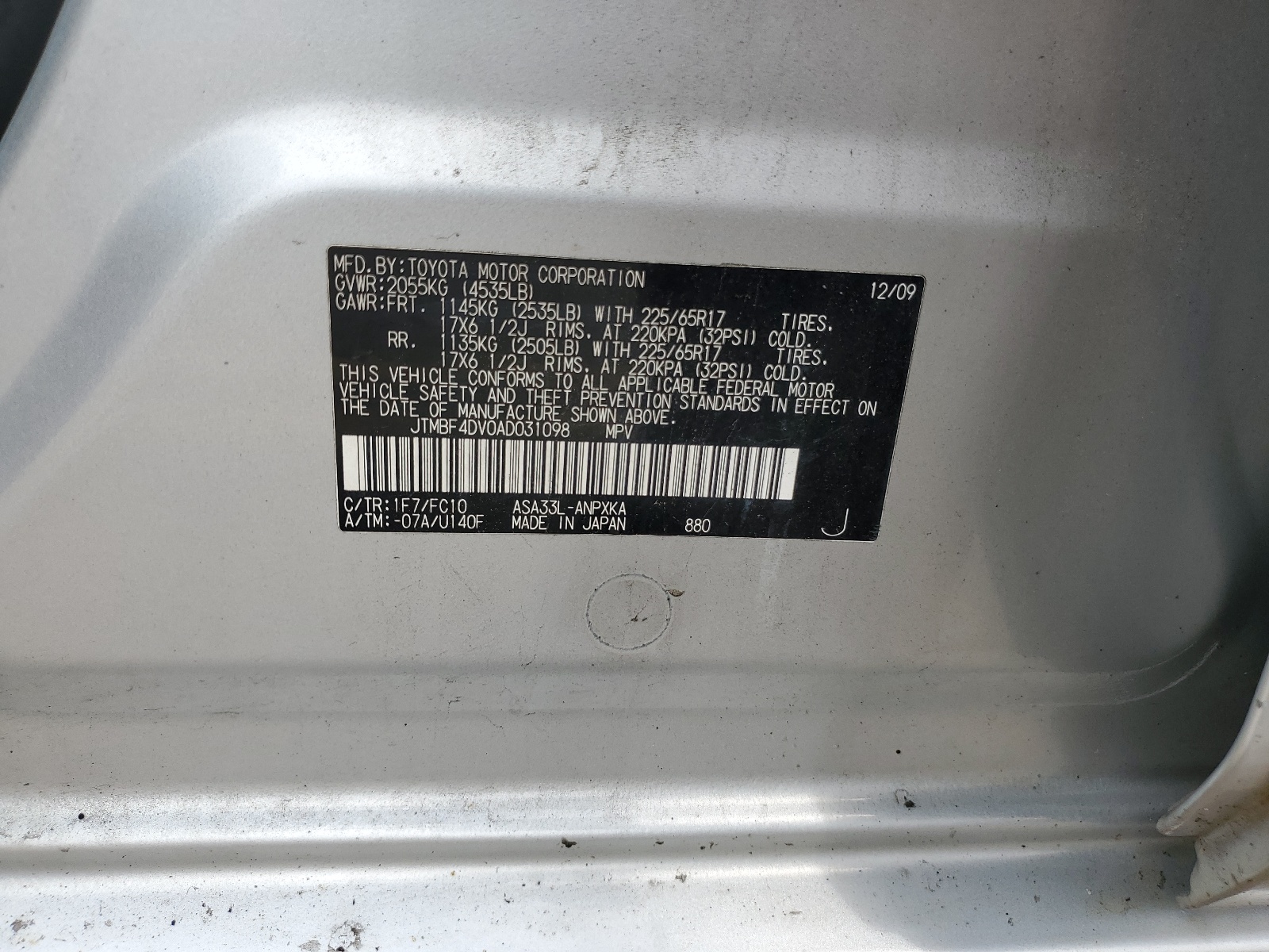 JTMBF4DV0AD031098 2010 Toyota Rav4