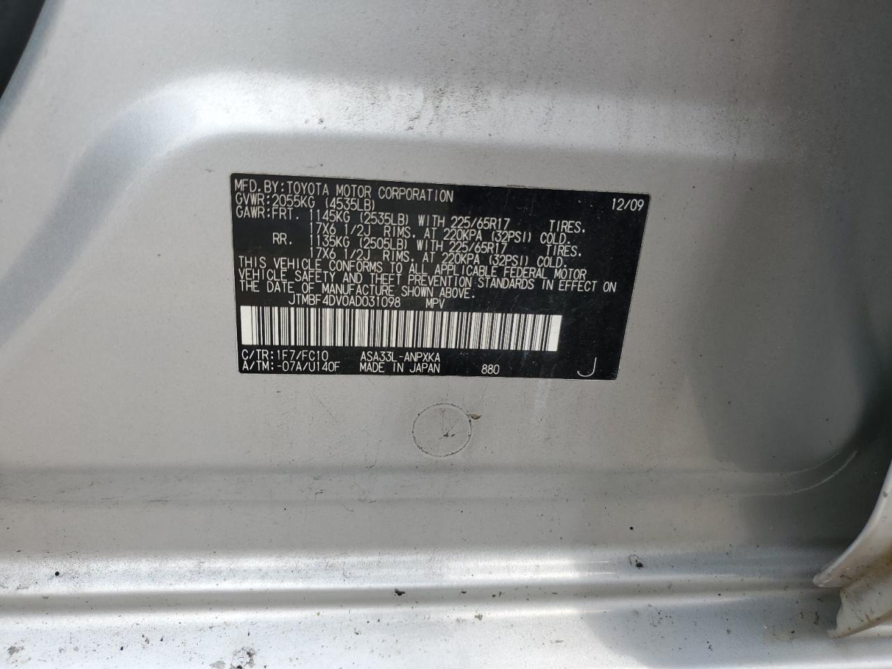 2010 Toyota Rav4 VIN: JTMBF4DV0AD031098 Lot: 64893304