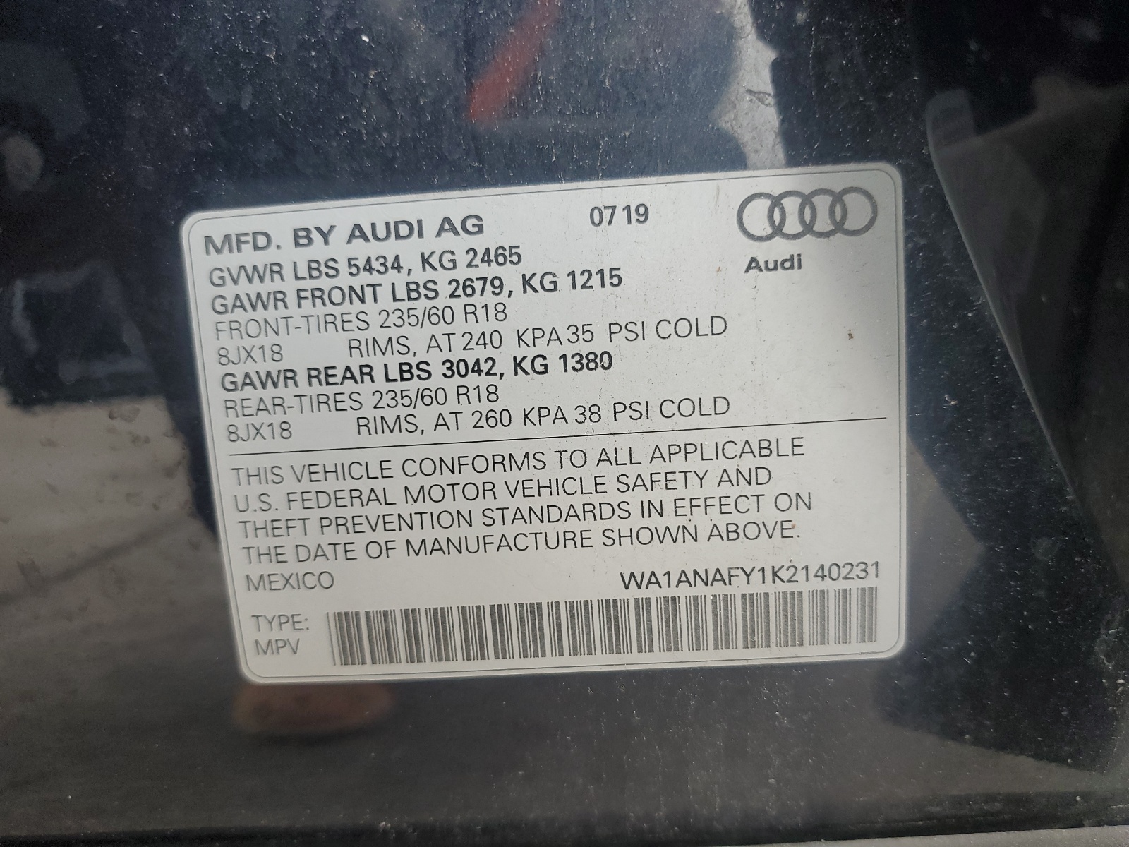 WA1ANAFY1K2140231 2019 Audi Q5 Premium