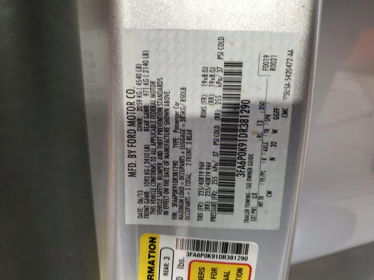 2013 Ford Fusion Titanium VIN: 3FA6P0K91DR381290 Lot: 63089444