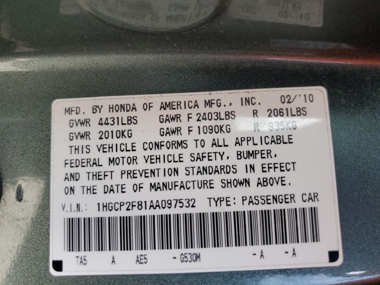 2010 Honda Accord Exl VIN: 1HGCP2F81AA097532 Lot: 61159984