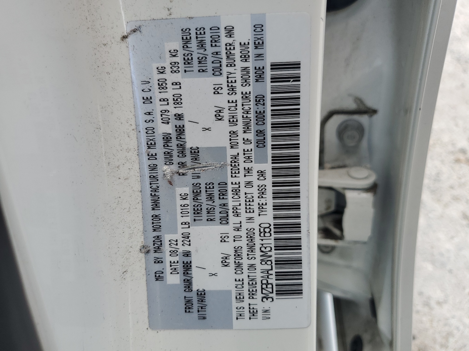 3MZBPAAL8NM311650 2022 Mazda 3