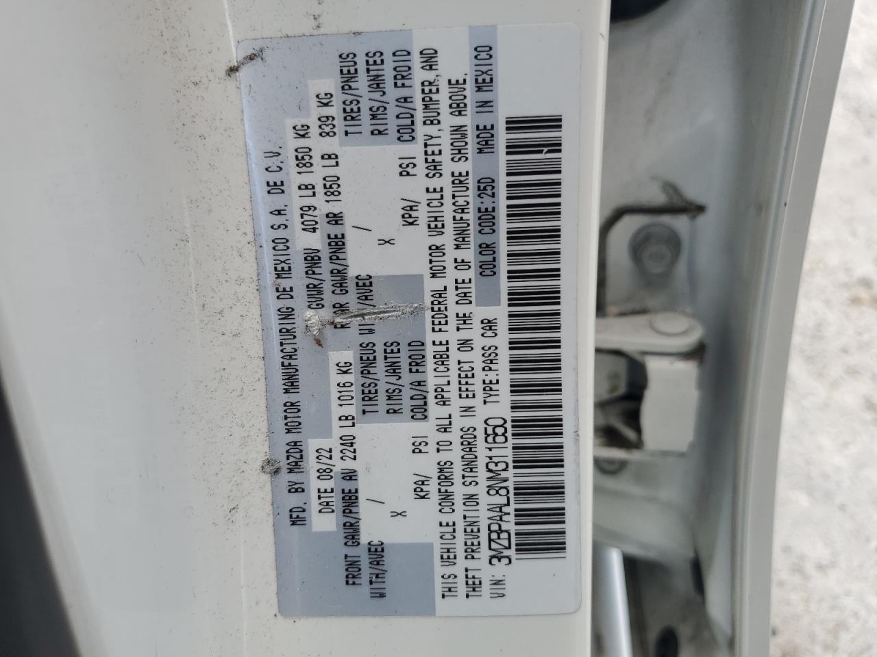 2022 Mazda 3 VIN: 3MZBPAAL8NM311650 Lot: 64469234