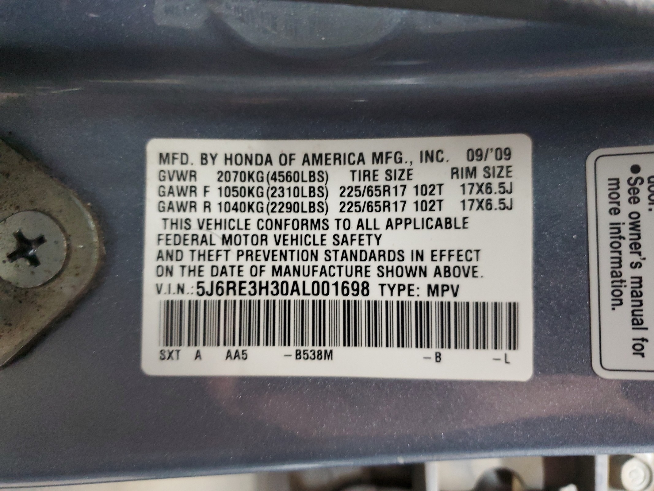 5J6RE3H30AL001698 2010 Honda Cr-V Lx