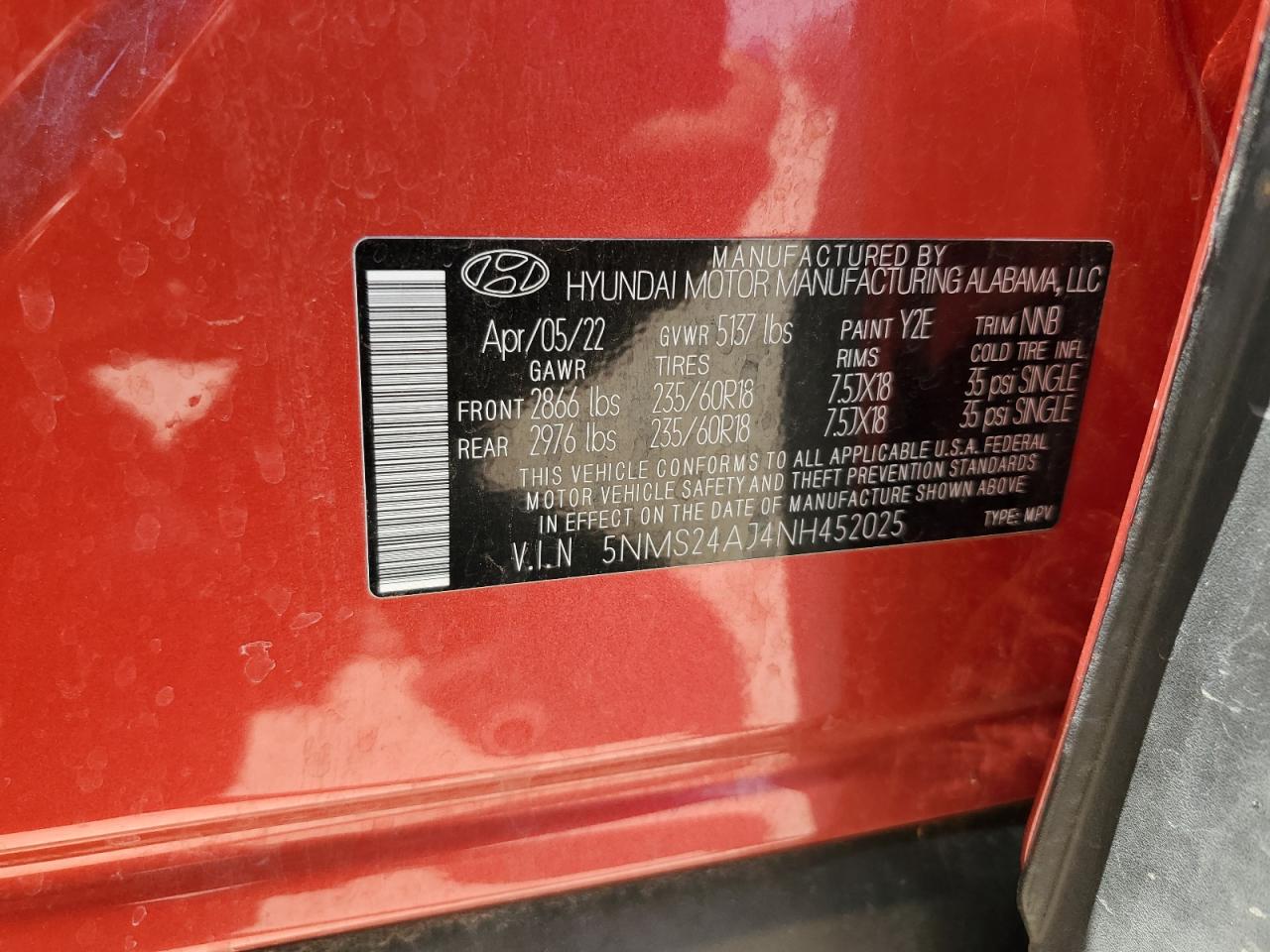 2022 Hyundai Santa Fe Sel VIN: 5NMS24AJ4NH452025 Lot: 64824724