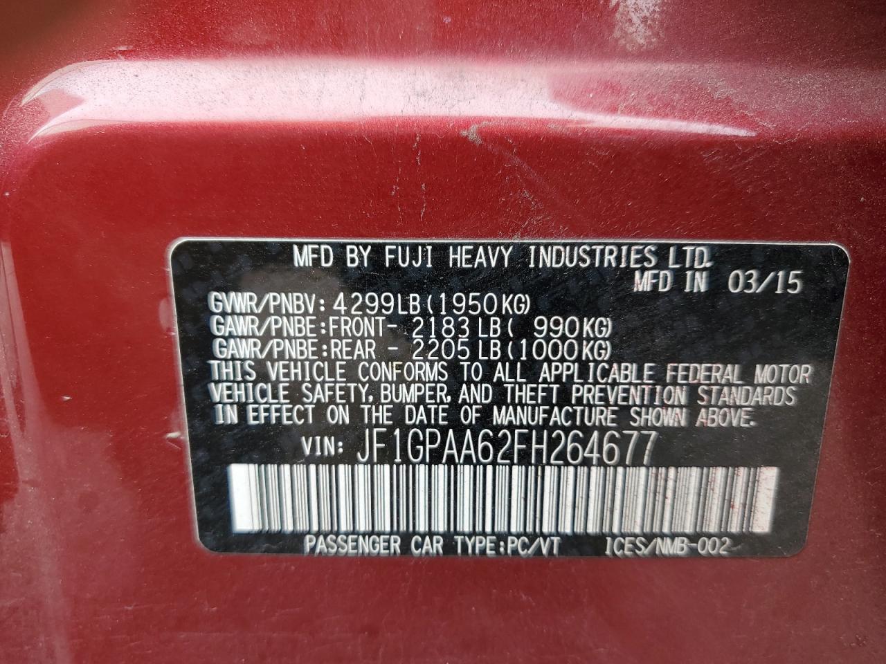 2015 Subaru Impreza VIN: JF1GPAA62FH264677 Lot: 61900594