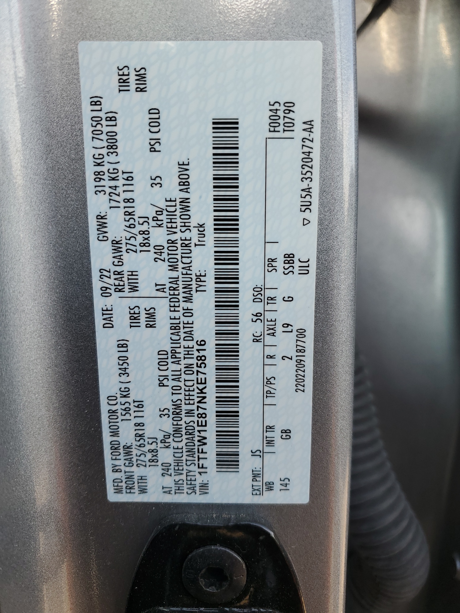 1FTFW1E87NKE75816 2022 Ford F150 Supercrew