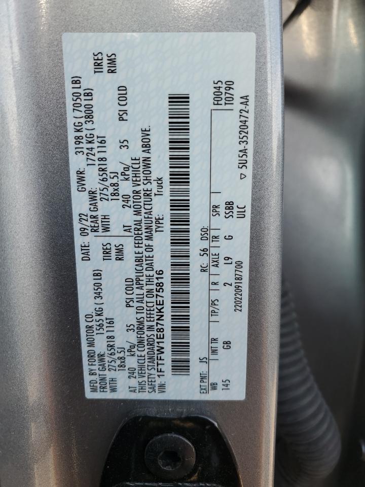 2022 Ford F150 Supercrew VIN: 1FTFW1E87NKE75816 Lot: 60493584
