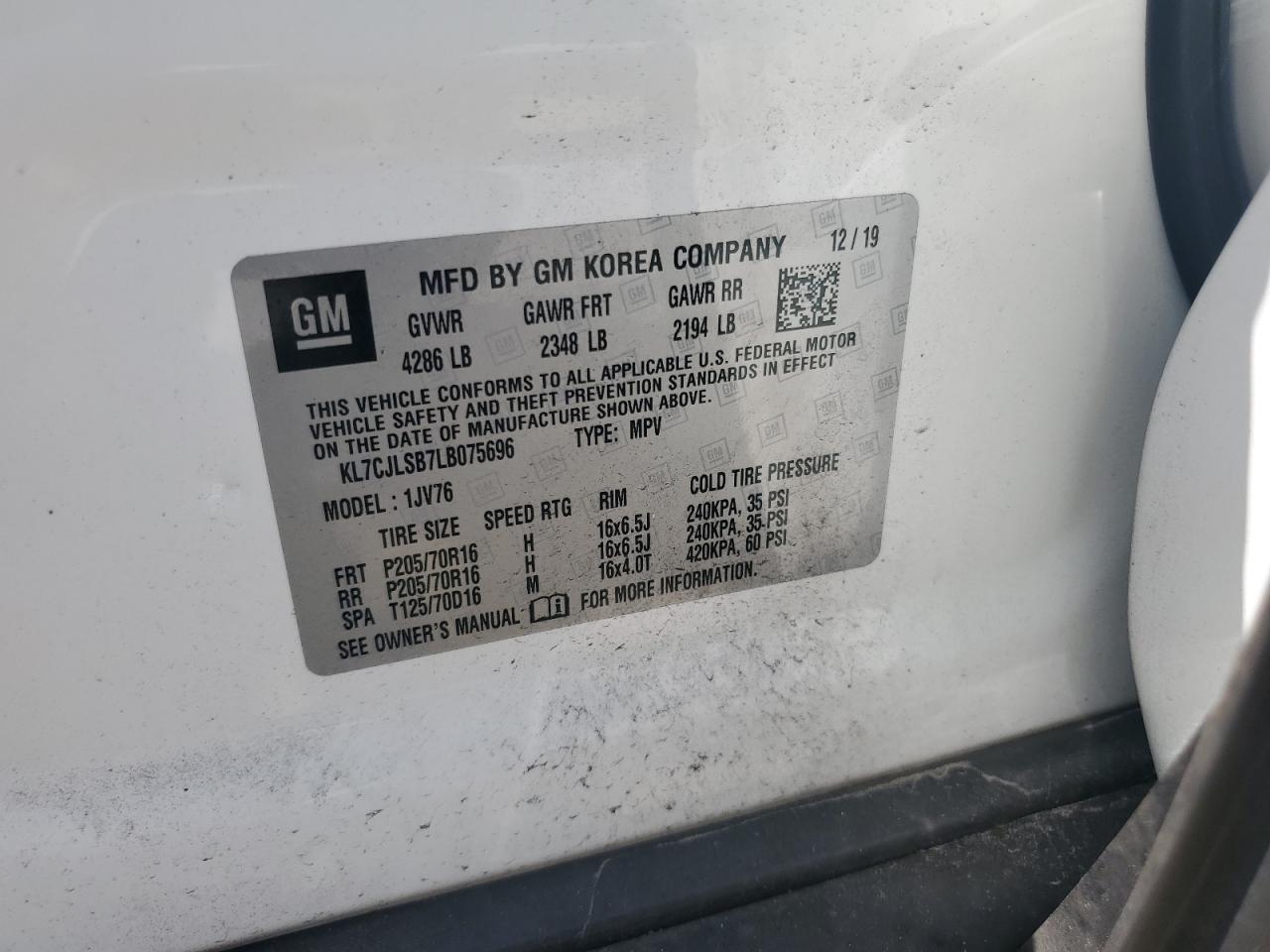 2020 Chevrolet Trax 1Lt VIN: KL7CJLSB7LB075696 Lot: 65087784