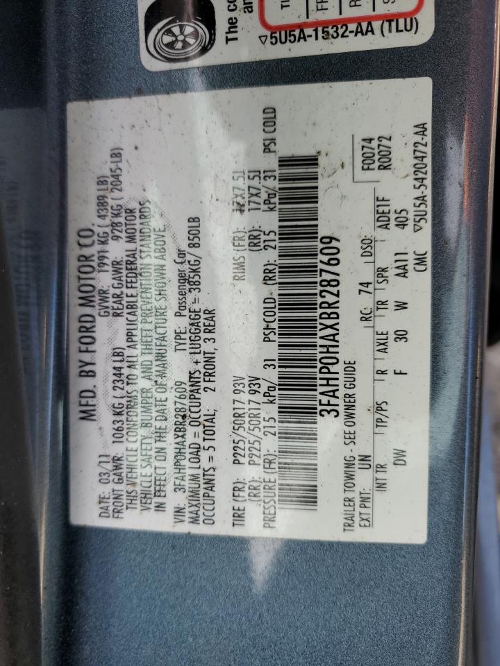 2011 Ford Fusion Se VIN: 3FAHP0HAXBR287609 Lot: 62826224