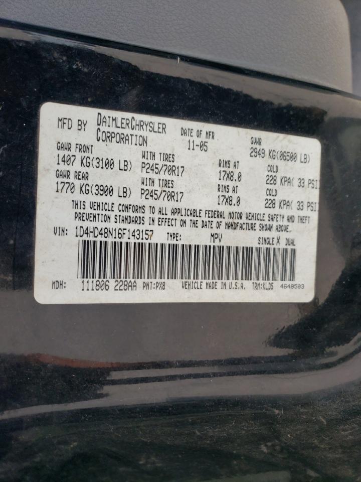 2006 Dodge Durango Slt VIN: 1D4HD48N16F143157 Lot: 62515164