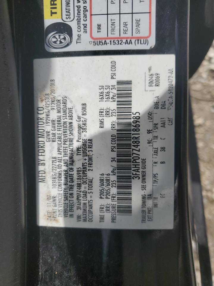 2008 Ford Fusion Se VIN: 3FAHP07Z48R186985 Lot: 62105144